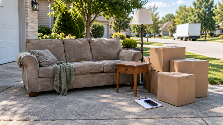 Old couch, moving boxes, side table and lamp beside a London, Ontario driveway with a phone and clipboard for a quote