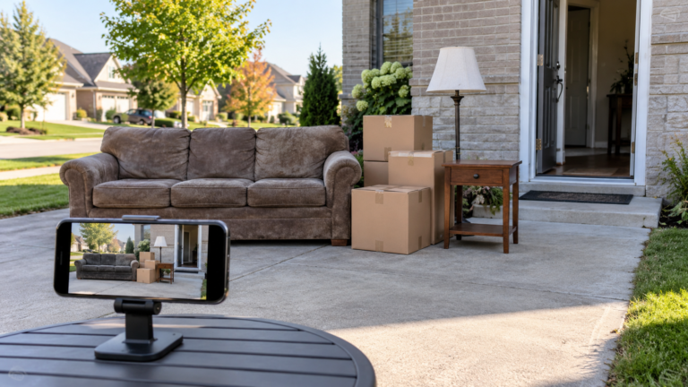 Smartphone photographing a couch, moving boxes, side table and lamp beside a clear London, Ontario residential entrance