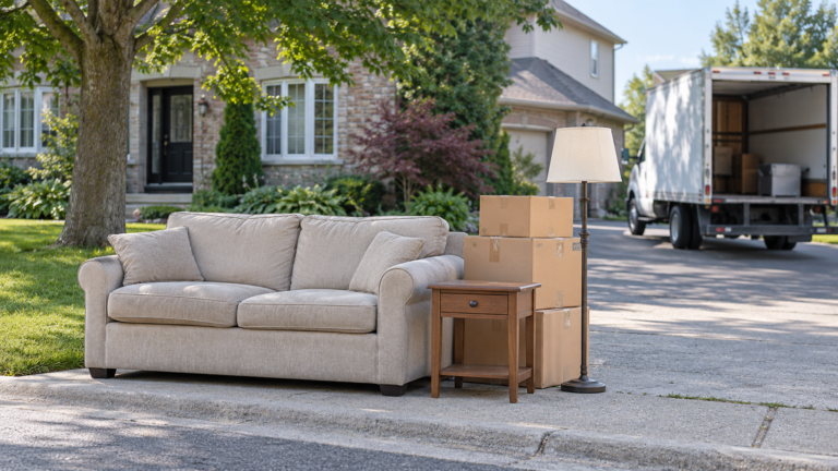 Old couch, boxes, side table and lamp prepared for junk removal beside a London, Ontario driveway