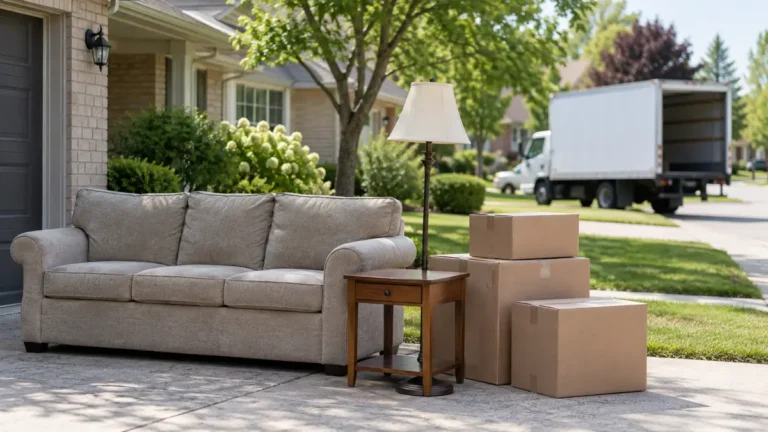 Furniture and boxes staged for a junk removal price quote in London, Ontario