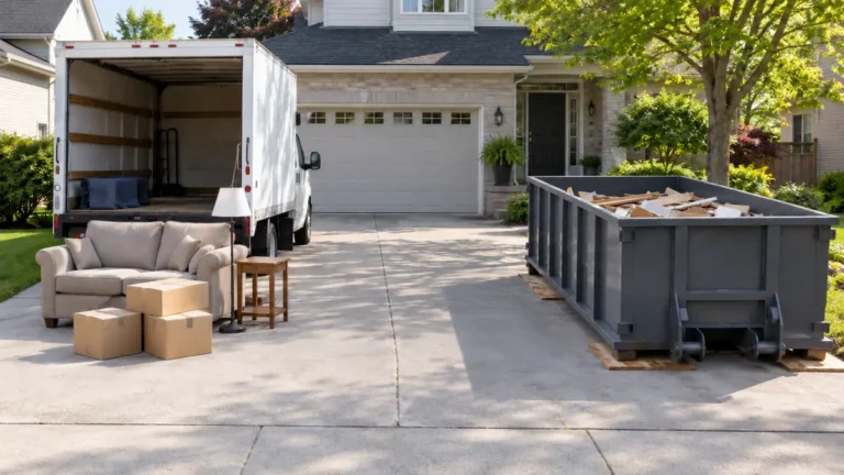 Household items beside an unbranded hauling vehicle and rental dumpster on a London, Ontario driveway