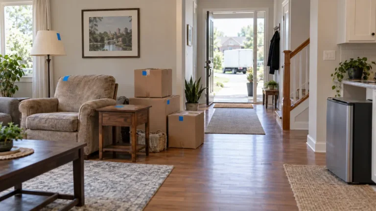 Household items sorted with a clear path for junk removal in a London, Ontario home