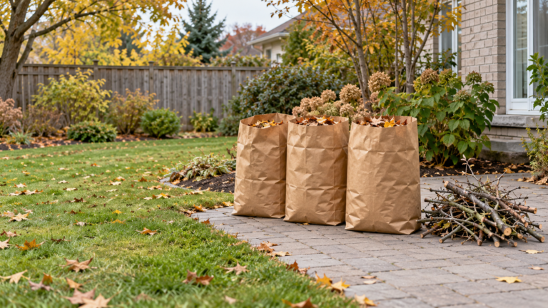 Three paper bags filled with dry leaves and a separate group of short branches beside a clear backyard path.