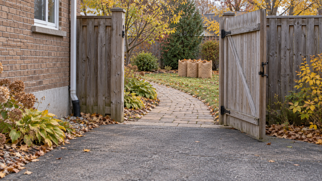 Open garden gate with a clear path from a private driveway to three paper leaf bags in an autumn yard.