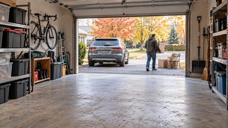 Organized garage with a cleared parking space as a homeowner carries boxes outside during autumn.