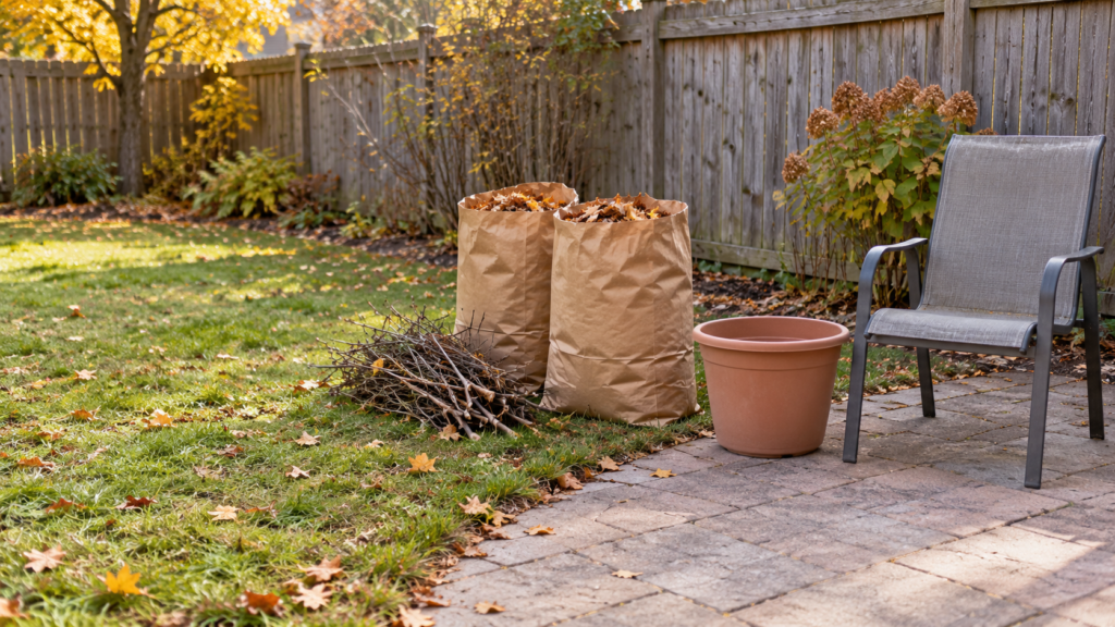 Paper bags of dry leaves and thin brush beside an empty planter and a worn patio chair in a private backyard.