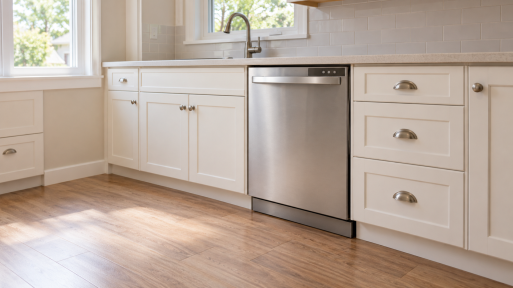 Closed built-in dishwasher beneath a kitchen countertop, surrounded by intact cabinets and a clear floor.