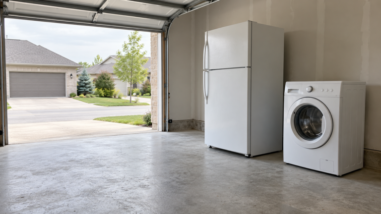 Closed refrigerator and washing machine standing apart in a tidy garage, with a clear route to the entrance.