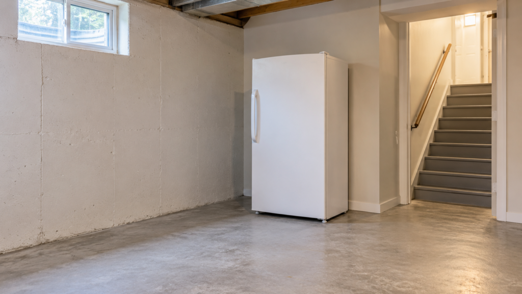 Closed upright freezer in an ordinary basement, with a clear walking route toward a visible staircase.